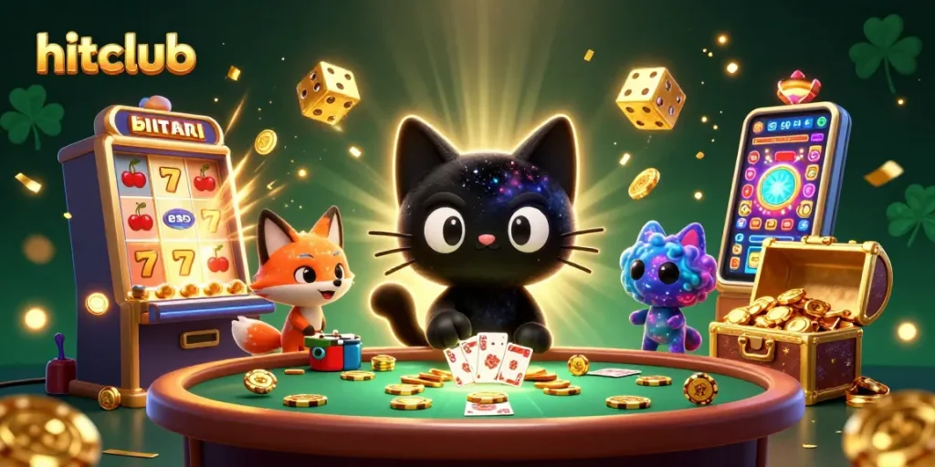 Engage in thrilling games at hitclub with a cosmic casino scene featuring a black hole cat and a nebula fox.