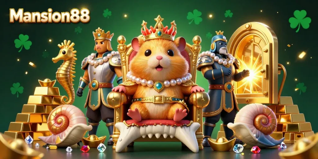 Mansion88 invites players to enjoy vibrant casino adventures with regal hamster royalty amidst treasures.