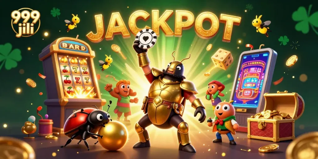 Engage with the 999 jili adventure featuring a hercules beetle and jackpot explosion in a dynamic casino scene.
