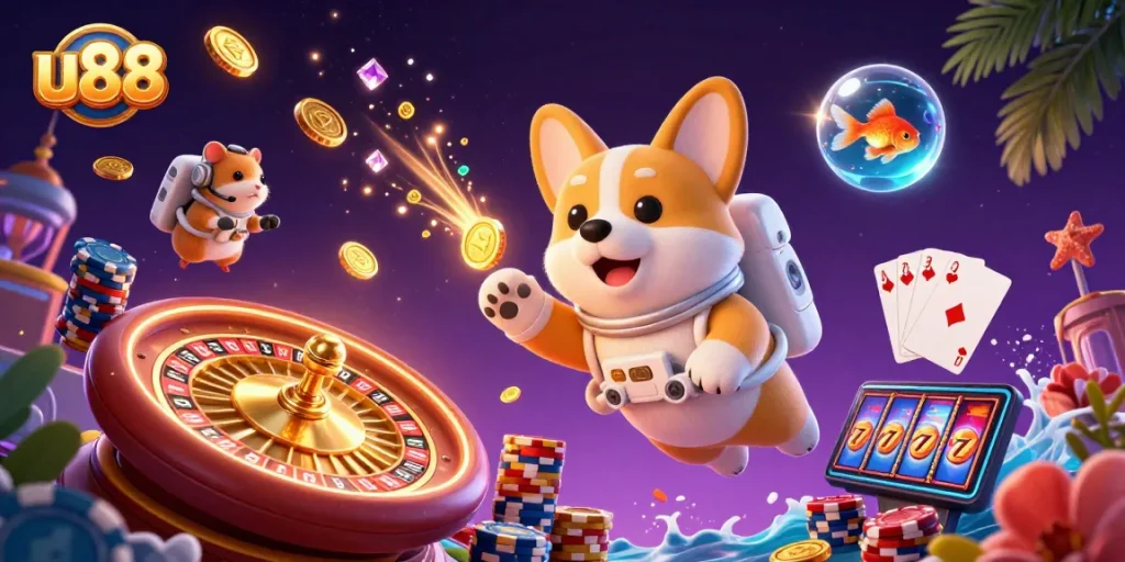 Experience thrilling gaming at u88's vibrant casino with dynamic floating characters and sparkling elements.