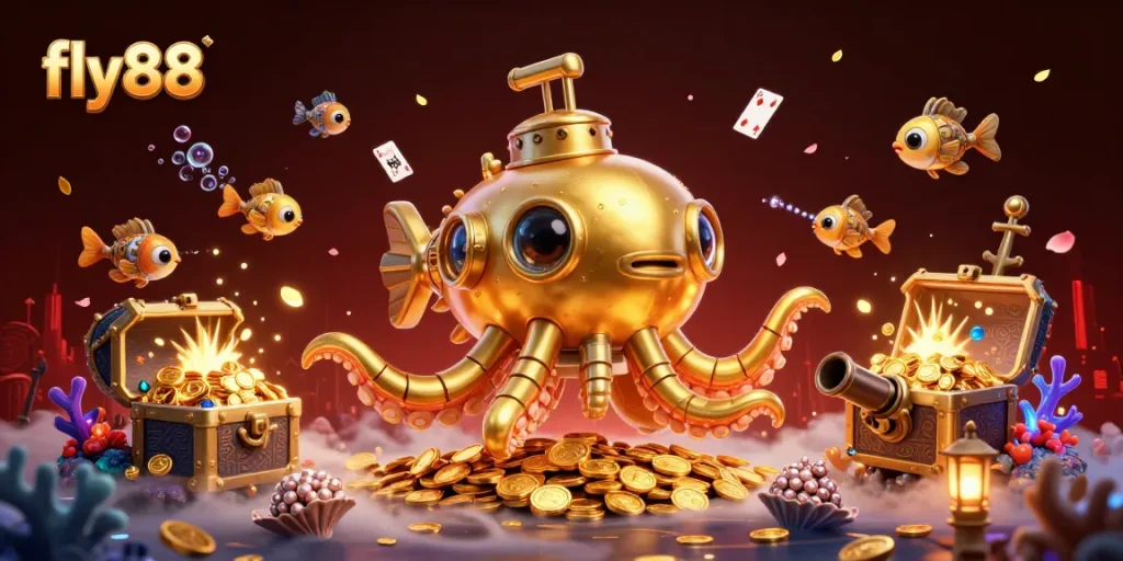 Experience adventure with fly88 as a golden kraken submarine emerges from gold coins in this vibrant casino-themed illustration.
