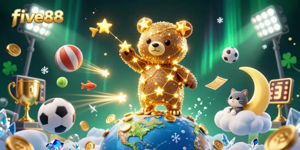 Engage in thrilling five88 casino action with a constellation bear and dynamic sports elements.