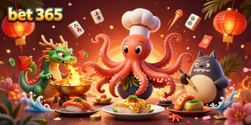 Engage with bet 365 as a cartoon sushi chef octopus prepares golden dishes amidst a vibrant casino scene.