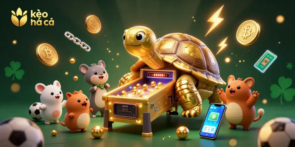 Engage with kèo nhà cái sports betting dynamics featuring a colossal tortoise amidst exciting casino elements.