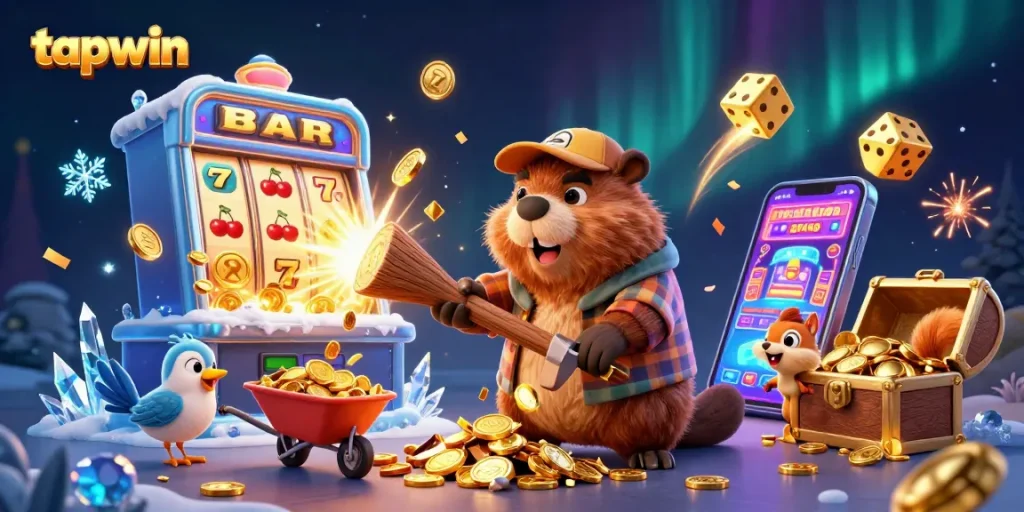 tapwin celebrates wins in a vibrant 3D casino scene featuring cartoon characters collecting gold coins.