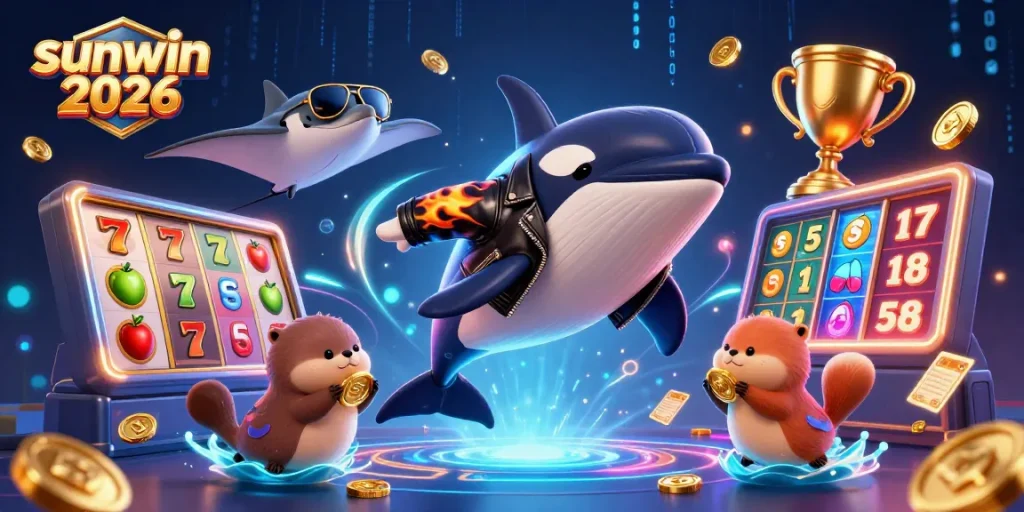 Experience the thrill of winning at sunwin 2026 with an orca whale, stingray, and otters celebrating with slot reels and jackpot coins.