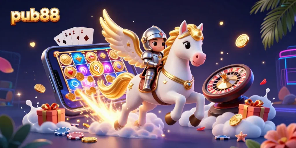 Experience the excitement of pub88 with a celestial theme showcasing dynamic gambling elements and vibrant visuals.