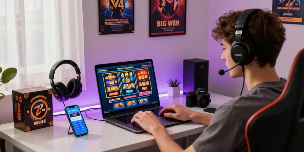 A young adult enjoying a credit card casino experience on a laptop, showcasing diverse casino games and a cozy gaming setup.