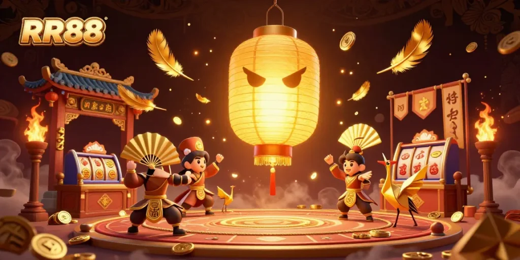Engage in thrilling casino gaming with RR88, depicted as a vibrant 3D scene featuring a glowing lantern spirit and dynamic betting elements.