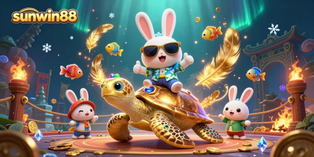 Experience the excitement of sunwin88 with the playful lucky rabbit and golden sea turtle in a vibrant casino setting.