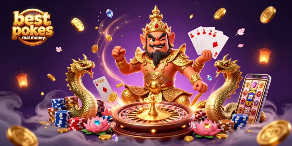 Experience the thrill of the best online pokies real money in a vibrant 3D casino scene filled with action.