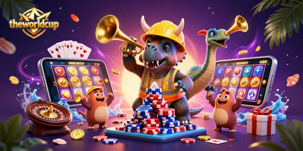 Theworldcup showcases a festive gambling scene with a triceratops and a celebratory parasaurolophus amidst gaming elements.