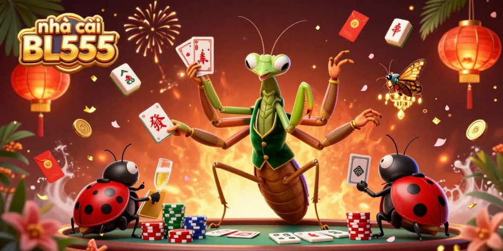 Engaging scene showcasing nhà cái BL555 with a mantis dealer, ladybug pit boss, and festive casino elements.