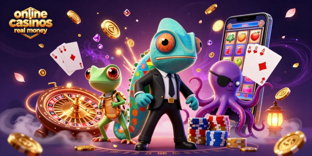 Immerse in online casinos real money entertainment with a vibrant scene featuring a chameleon, gecko, and octopus amidst dynamic casino elements.