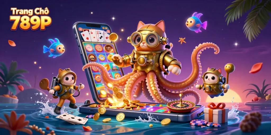 Engage in thrilling gameplay on Trang Chủ 789P with captivating cartoon kraken, diving cat, and slot games.